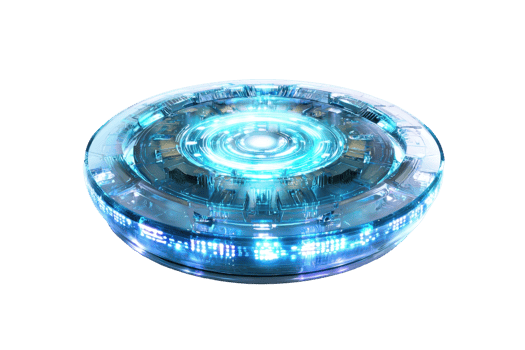 A futuristic disc-shaped object with glowing lights and intricate details, resembling a sci-fi flying saucer. png