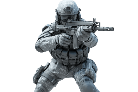 A tactical soldier aiming a firearm, dressed in full combat gear and equipped for a mission. png