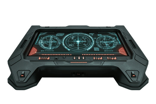 A futuristic control panel featuring digital displays, dials, and buttons designed for advanced technological applications. png