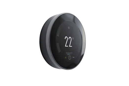 A sleek, modern thermostat displays a digital temperature reading of 22 degrees, showcasing a minimalist design. png