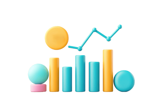 A collection of colorful geometric shapes representing data visualization, including bars and a line graph. png