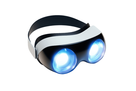 A sleek pair of futuristic goggles featuring bright blue lights, designed for immersive experiences. png