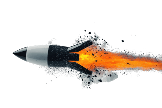 A sleek rocket propelling forward with a trail of vibrant flames and smoke, symbolizing speed and power. png