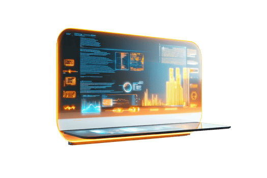 A sleek, futuristic digital display showcasing various data visualizations and graphs in vibrant colors. png