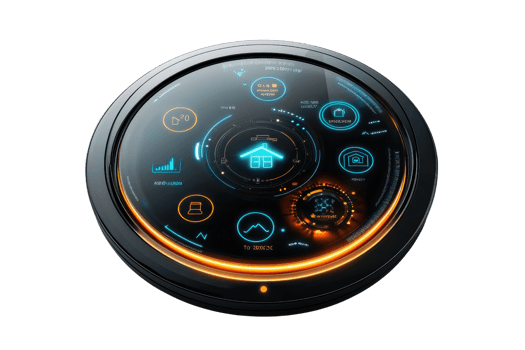 A sleek, futuristic control panel featuring illuminated icons and a circular design with vibrant colors. png
