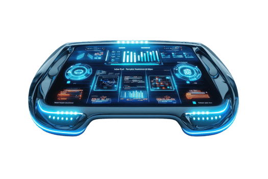 A futuristic digital interface with glowing elements and interactive features, displaying various data and analytics. png