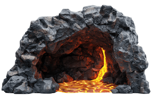 A rocky cave with glowing lava flowing from within, creating a striking contrast of dark stone and bright molten colors. png