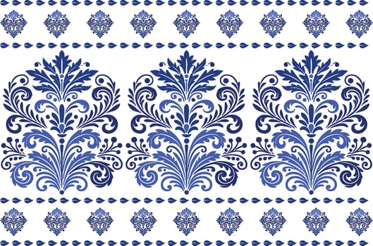 blue seamless floral design with stylized tulip flowers, detailed leaf motifs, and a classic border for textile background, fabric prints, and vintage pattern styles vector