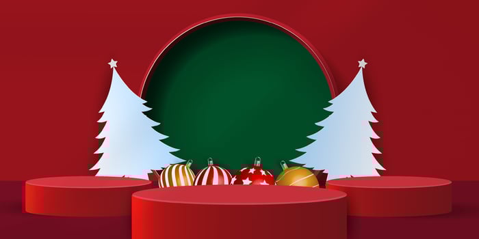 Red Christmas backgrpund with green circle, trees, balls, and podium for product. vector