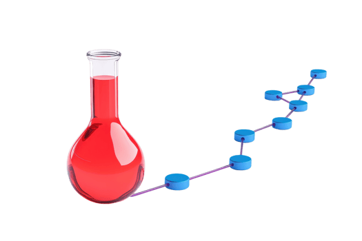 A glass flask filled with red liquid connected to a series of blue circles, suggesting a scientific or chemical process. png
