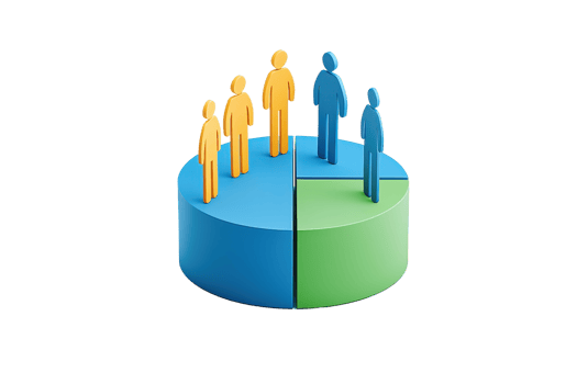 A circular chart with three sections, featuring stylized figures in blue and yellow representing data or demographics. png