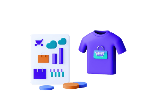 A colorful t-shirt and a data visualization chart showcasing various e-commerce metrics. png
