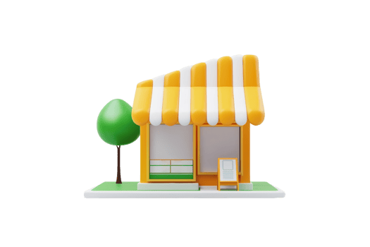 A colorful storefront with a striped awning, featuring large windows and a small tree beside it. png