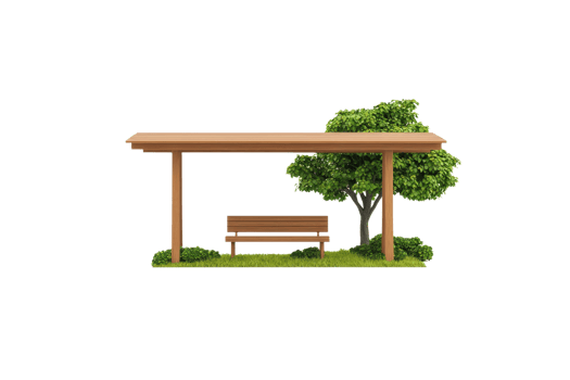 A wooden bench sheltered under a roof with a nearby green tree, set on grassy ground. png
