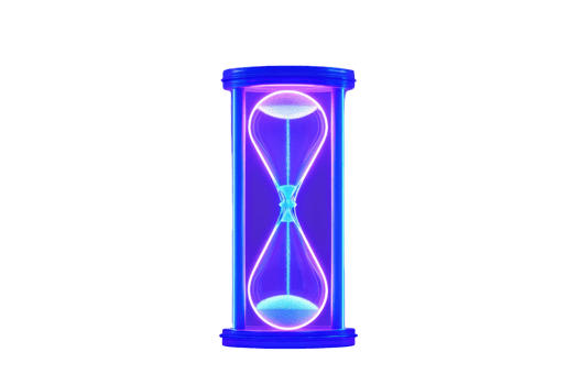 A glowing hourglass with vibrant blue and purple hues, showcasing the passage of time in a modern and artistic design. png