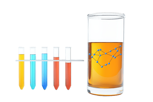 A collection of colorful test tubes next to a glass of beverage featuring a constellation design. png