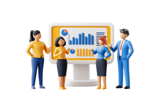 A team of four professionals discussing data trends displayed on a computer screen. png