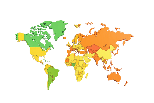 A colorful world map highlighting different regions with various shades representing distinct geographical areas. png