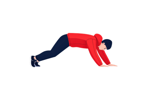 A person in a red jacket performs a push-up exercise, demonstrating strength and fitness. png