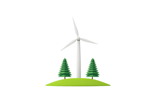 A wind turbine stands on a green hill, flanked by two trees, symbolizing renewable energy and environmental sustainability. png