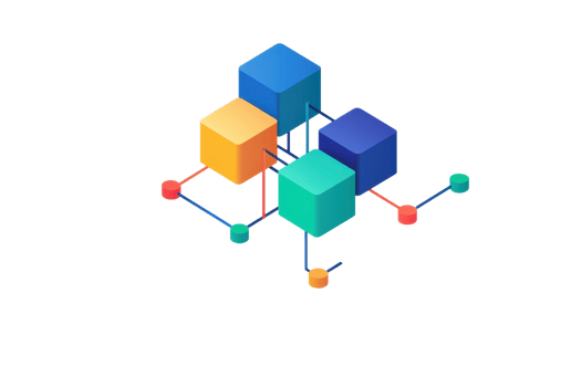A vibrant arrangement of colorful 3D cubes interconnected by lines, showcasing a modern geometric design. png