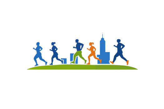 A dynamic illustration of runners in motion, showcasing various colors and styles, with a city skyline in the background. png