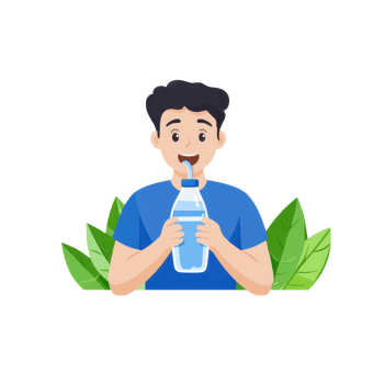 A person is drinking water from a bottle while smiling, surrounded by green leaves, showcasing hydration and well-being. png