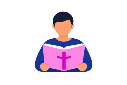 A person reading a book with a prominent cross symbol on the cover. png