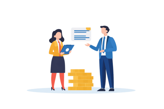 Two professionals discussing documents with stacks of files, one holding a tablet, while the other presents information. png