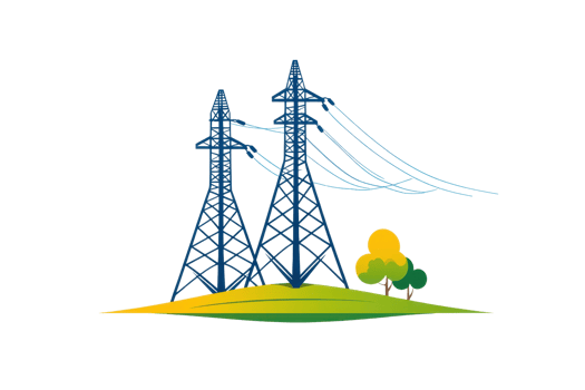 Two blue power transmission towers stand on a green hill, connected by power lines, alongside a small tree. png