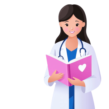A cheerful female doctor holds an open book with a heart symbol, wearing a lab coat and stethoscope, symbolizing healthcare and compassion. png