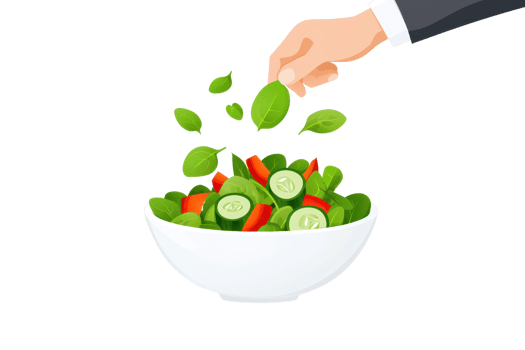 A hand sprinkles fresh ingredients into a bowl of salad, showcasing vibrant greens and colorful vegetables against a dark background. png