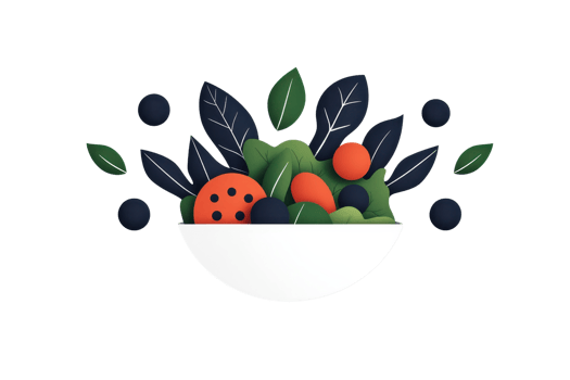 A colorful bowl filled with fresh greens, berries, and a cookie, surrounded by stylized leaves. png