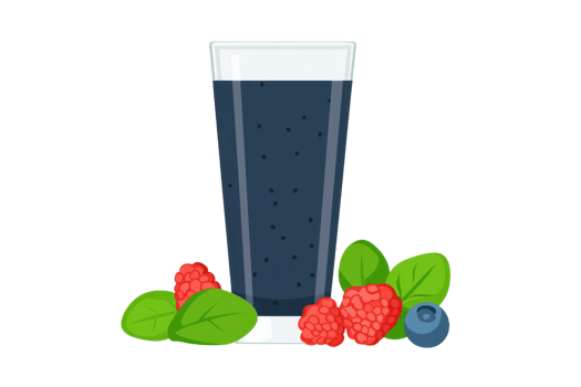 A tall glass filled with a dark beverage, accompanied by fresh raspberries, blueberries, and green leaves. png