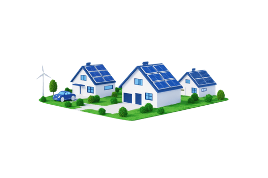 A collection of eco-friendly houses featuring solar panels and a wind turbine, emphasizing sustainable energy solutions. png