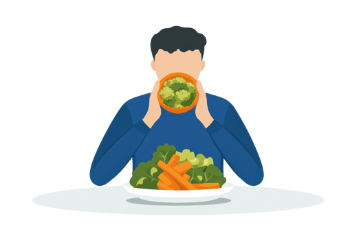 A person is holding a bowl of salad while sitting at a table with a plate of vegetables in front of them. png