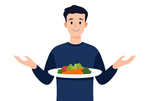 A smiling man holds a plate of colorful vegetables, showcasing a healthy meal choice with enthusiasm. png