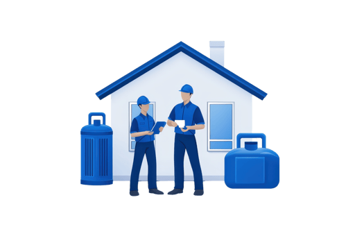 Two workers in blue uniforms converse in front of a house, surrounded by containers, emphasizing home service and maintenance. png