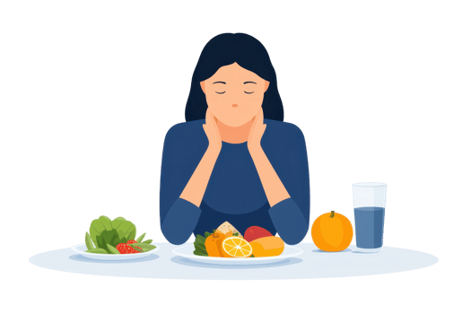A woman sits at a table, resting her chin on her hands, surrounded by a variety of fruits and vegetables, with a glass of drink beside her. png