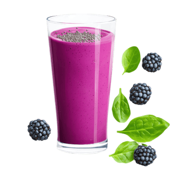 A vibrant purple smoothie in a tall glass, garnished with blackberries and fresh spinach leaves. png