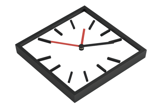 A sleek, modern square clock featuring black and red hands against a dark face. png