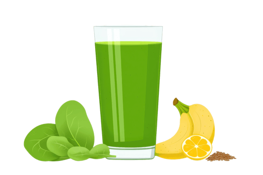 A tall glass filled with vibrant green smoothie, accompanied by fresh spinach leaves, a ripe banana, and a slice of lemon. png