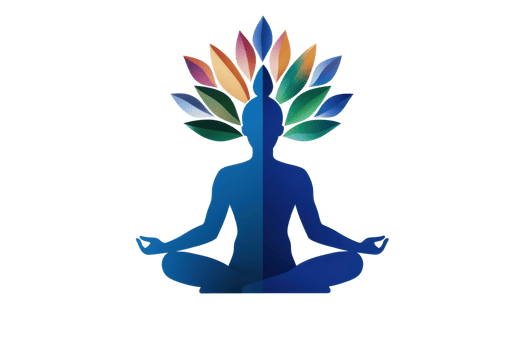 A meditative figure with a colorful leaf pattern emanating from the head, symbolizing harmony and spiritual growth. png