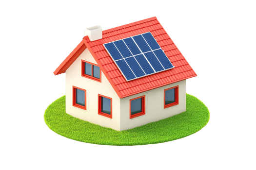 A charming house with solar panels on the roof, featuring a red tiled roof and colorful window frames. png