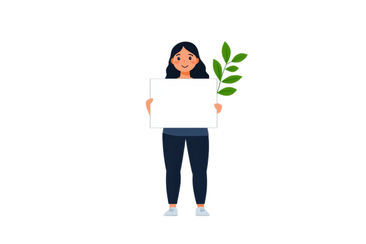 A young woman holds a blank sign in one hand and a green leaf in the other, smiling and standing confidently. png