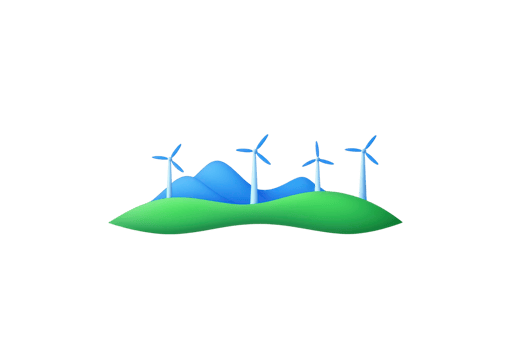 Wind turbines on a green hill with blue mountains in the background, representing renewable energy and sustainability. png