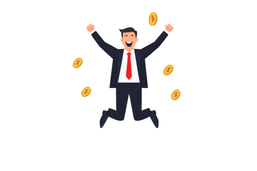 A joyful businessman jumps with excitement, surrounded by flying coins, symbolizing success and prosperity. png