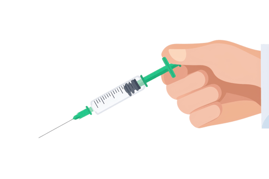 A hand holding a medical syringe filled with liquid, featuring a green plunger and a thin needle. png