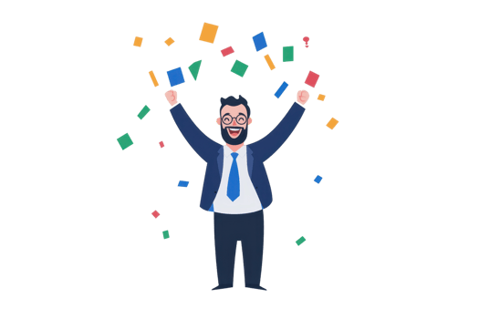 A joyful man in a suit celebrates with raised arms, surrounded by colorful confetti. png