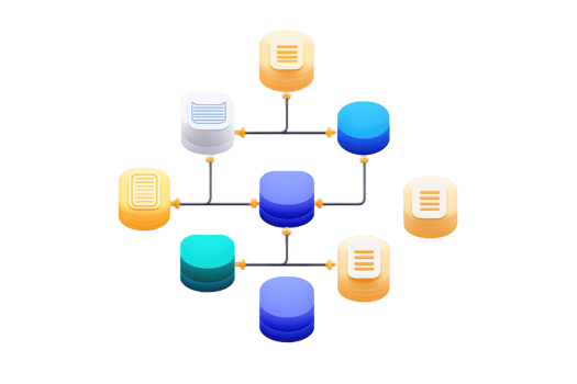 The image features a network of interconnected data storage icons, illustrating a complex data management system. png